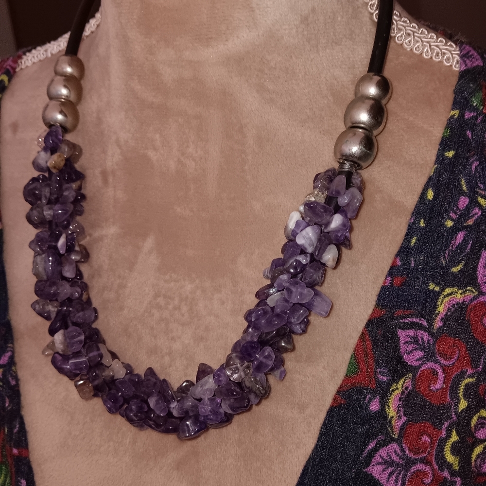 Handmade ~ Chunky Amethyst Chip Necklace w/ Silver Beads (9.5" Drop)